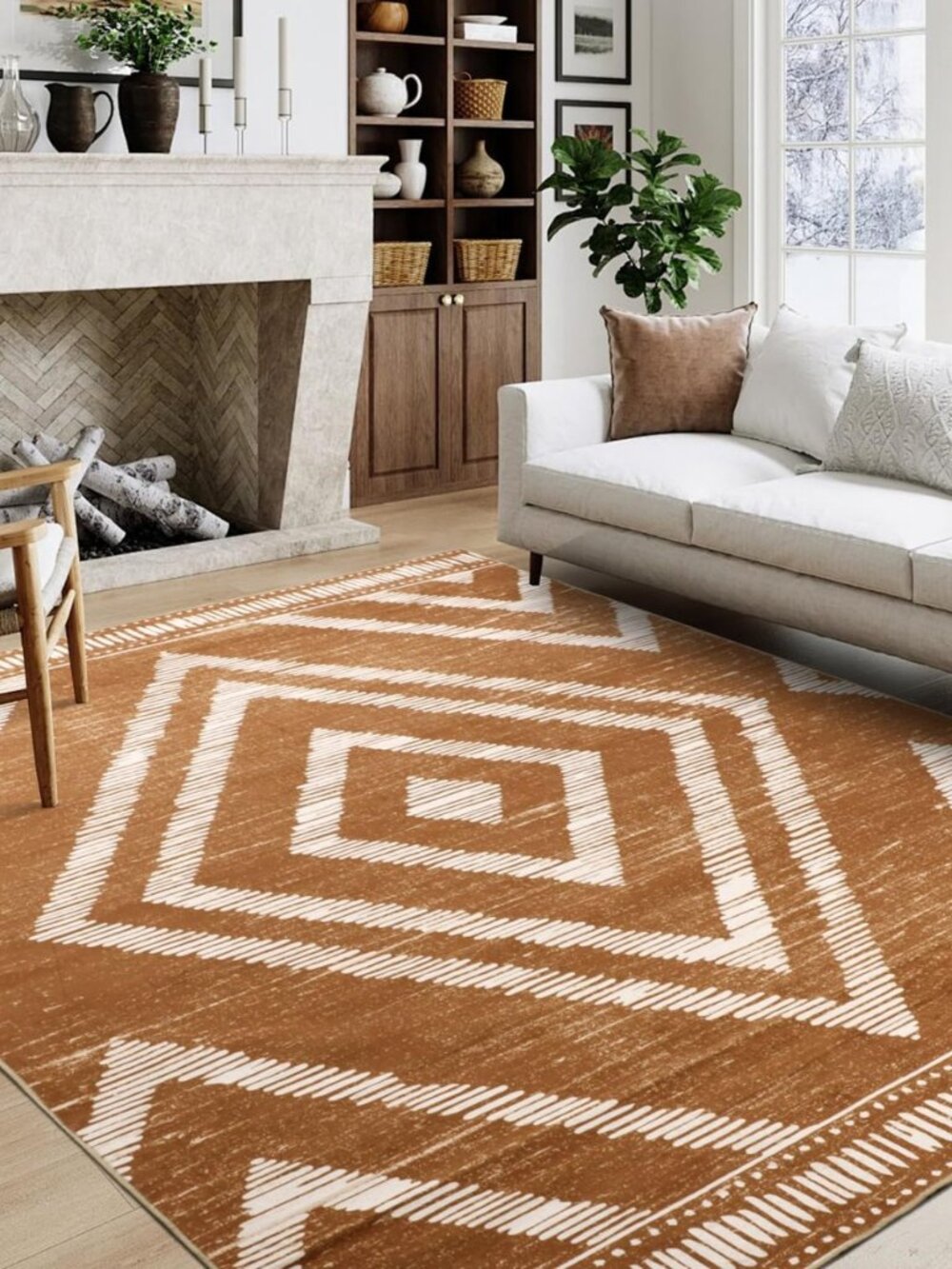 Boho Washable Rugs 5x7ft Non Slip, Low Pile Area Rug for Living Room, Brown